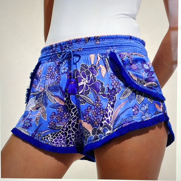 Poupette St Barth Boxer Lulu Shorts Size L Green Floral Pink Fringe Trim EUC - Picture 10 of 11